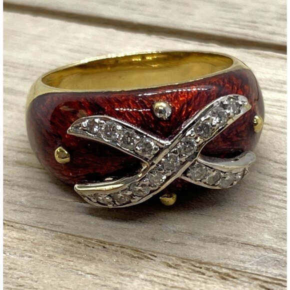 Hidalgo 18K 750 Yellow Gold Diamond Enamel Ring Size 6.5 - Picture 10 of 10